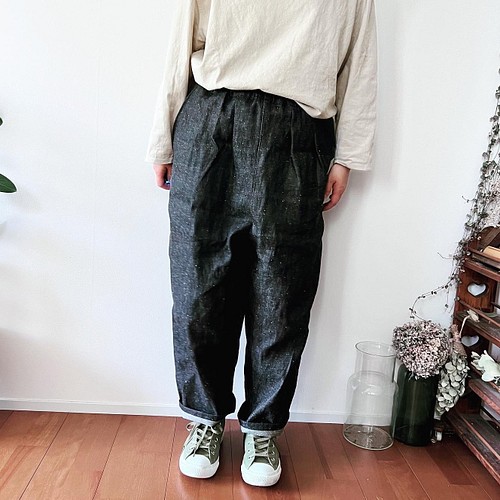 Linen＆OrganicCotton Wガーゼゆったりパンツ【ジュニパーベリー染め