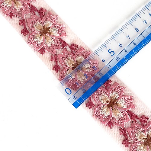 242 ] インド刺繍 リボン ピンク 花柄 桜 幅:4cm リボン・テープ yulac