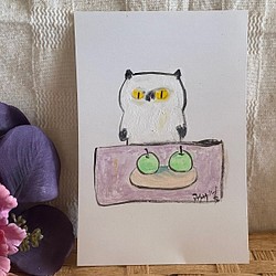 絵画 。壁掛け絵原画手描き【かわいい黒猫とシャム猫の梨積みゲーム