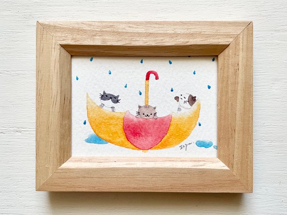 透明水彩画 ミニ額「楽しい雨の日」イラスト 猫 ねこ ネコ 梅雨 雨 傘 