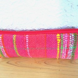 手織布のペンケース(綿、ピンク色) 1枚目の画像