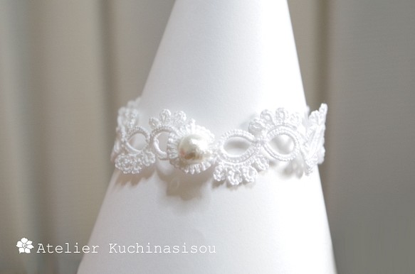 [定制] 梭織蕾絲棉質珍珠手鍊&lt;Blanc&gt; 第1張的照片