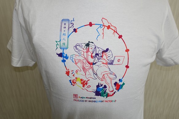 手捺染オリジナルTシャツ（雷神×邦人図） 1枚目の画像
