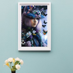 幻想的でシックできらびやかな猫の帽子がゆめかわいい魔女と蝶や花 アートポスター フレーム(額縁)付き 1枚目の画像
