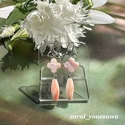 珊瑚のオリジナルピアス　ピンク珊瑚　ピンク蝶貝クローバー　ポストチタン　R50516Y4 1枚目の画像