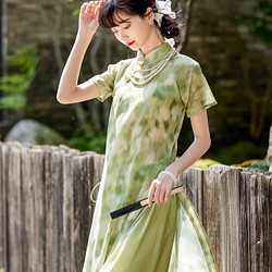レンダリンググリーンツーピース文学レトロガールチャイナドレス新しい中国風国民風春祭り改良ドレスドレス 1枚目の画像