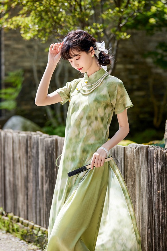 渲染綠色 兩件套文藝復古少女旗袍 新中式國風春節改良洋裝連身裙 第1張的照片