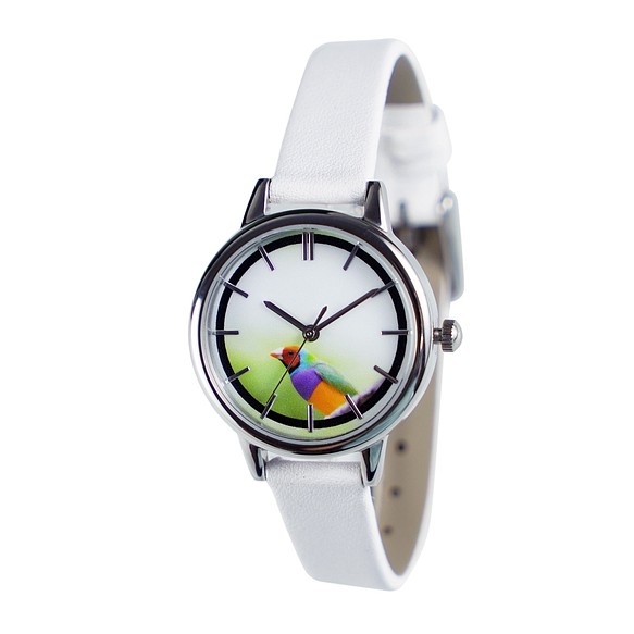 七彩文鳥手錶 白色錶帶 女裝手錶 全球免運 第1張的照片