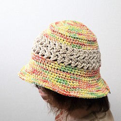 サマーニット帽 バケットハット リネン 麻混 手編み かぎ針編み 春夏