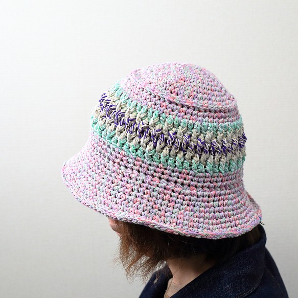 サマーニット帽 手編みのバケットハット かぎ針編み 春夏 帽子 ピンク