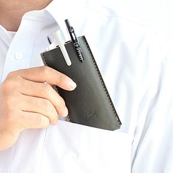 胸ポケット ペンケース 3本タイプ 幅65  T-98 【グレー】白衣やYシャツのポケットに入るレザーペンケース 本革 1枚目の画像