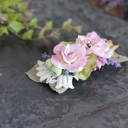 ピンクの薔薇と刺繍のお花のバレッタ 髪飾り バレッタ ブルー 入学式