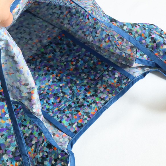 リバティナイロンのお買い物バッグ エコバッグ pointillism ポインティリズム柄 ブルー系 収納袋つき エコバッグ・サブバッグ