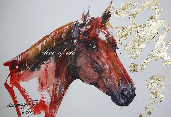 栗毛の馬と太陽光２０２３（水彩画用紙２８ｃｍ×２０ｃｍ、墨、水彩、金箔） 1枚目の画像