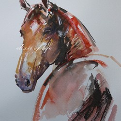 振り向く馬２０２３（水彩画用紙２８ｃｍ×２０ｃｍ、墨、水彩） 1枚目の画像