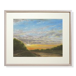 河のある風景・夕暮れ（パステル画・マット紙付き） 絵画 パステル画