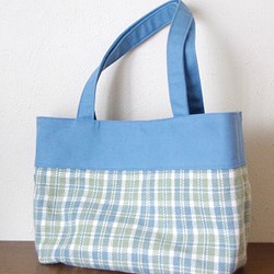 麻糸の手織り　チェックトートバッグ(B5サイズ) 1枚目の画像