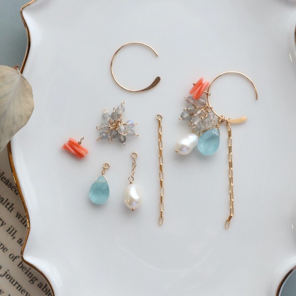 ピアス/イヤリング｝14kgf/changing charms earrings アクアマリン〔3