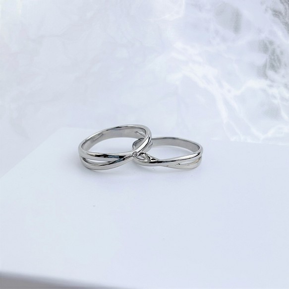 『幸せのスタートライン』天然ダイヤ付き インフィニティ ペアリング マリッジリング ステンレス 刻印  指輪 1枚目の画像