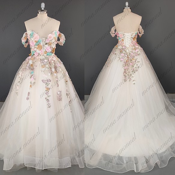 オフショルダー カラードレス 花柄 ウェディングドレス 二次会 結婚式 前撮りドレス 606 1枚目の画像