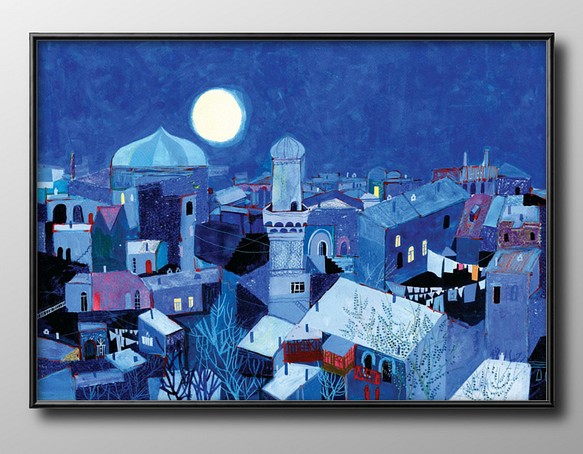 13458　ポスター　絵画　A3サイズ『月夜の街並み　インド』アート　イラスト　デザイン　上級マット紙　北欧 1枚目の画像