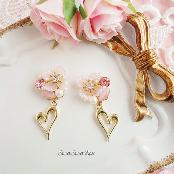 Flower Bijou & Open Heart ～pink～ イヤリング/ピアス/花/フラワー