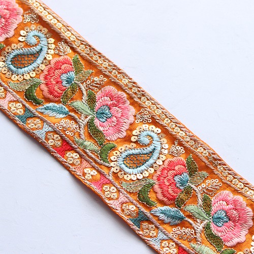 インド刺繍リボン No.6【オレンジ】 インド刺繍/刺繍リボン/刺繍