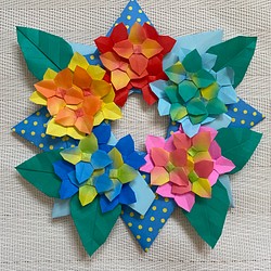 折り紙 リース 色とりどりの紫陽花　6月 壁面飾り 送料無料 1枚目の画像