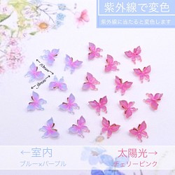 新作★ 変色する蝶々デコパーツ   樹脂パーツ　ブルー×パープル→チェリーピンク 1枚目の画像