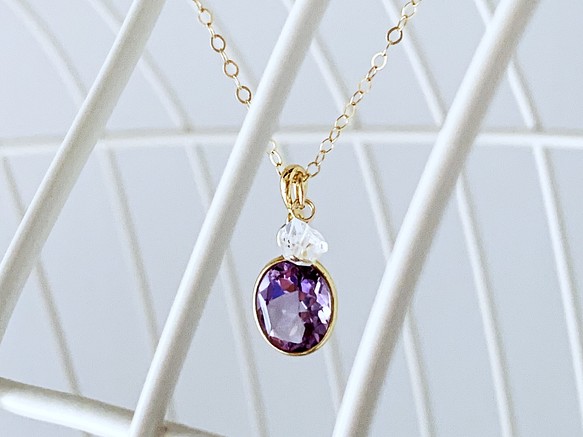 【二四月生辰石】鎮定心靈的紫水晶&amp;赫基默鑽石（水晶）項鍊（K14GF） 第1張的照片