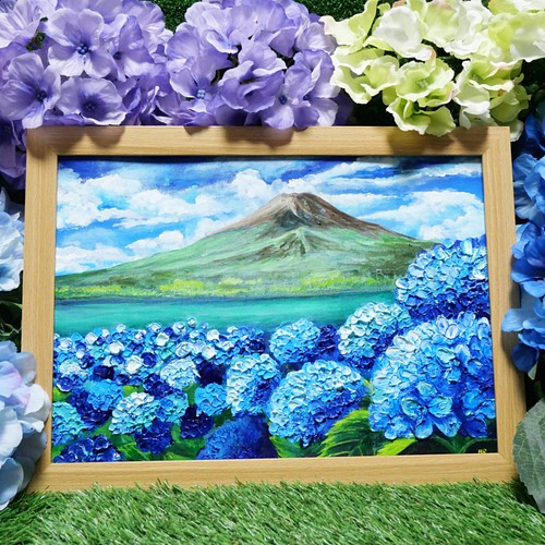 油絵 絵画 【富士山と紫陽花】-