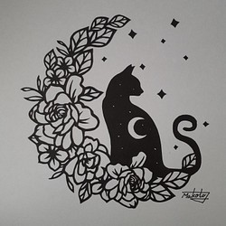 切り絵アート　星空の猫とバラの花 1枚目の画像