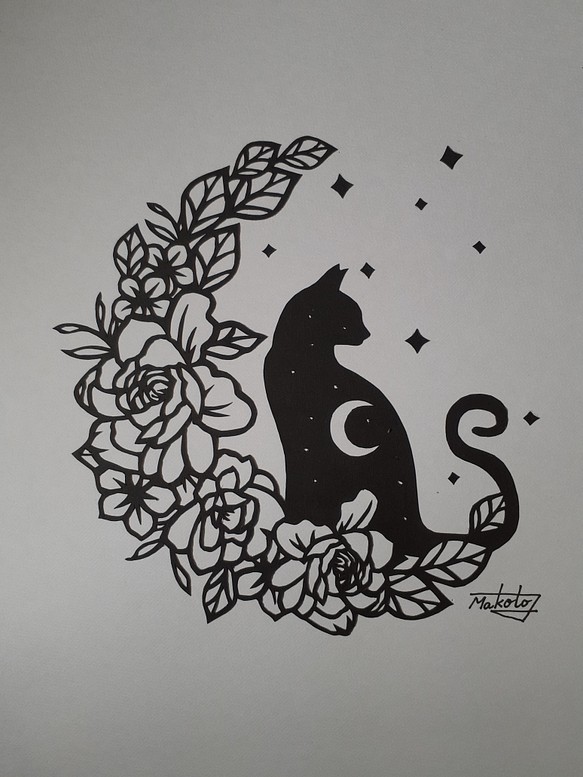 切り絵アート　星空の猫とバラの花 1枚目の画像