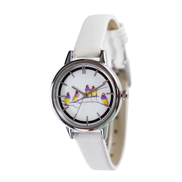 七彩文鳥群手錶 白色錶帶 女裝手錶 全球免運 第1張的照片