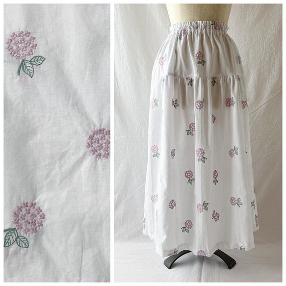 レディのためのティアードスカート：85cm（紫陽花刺繍：オフホワイト×ピンク） 1枚目の画像