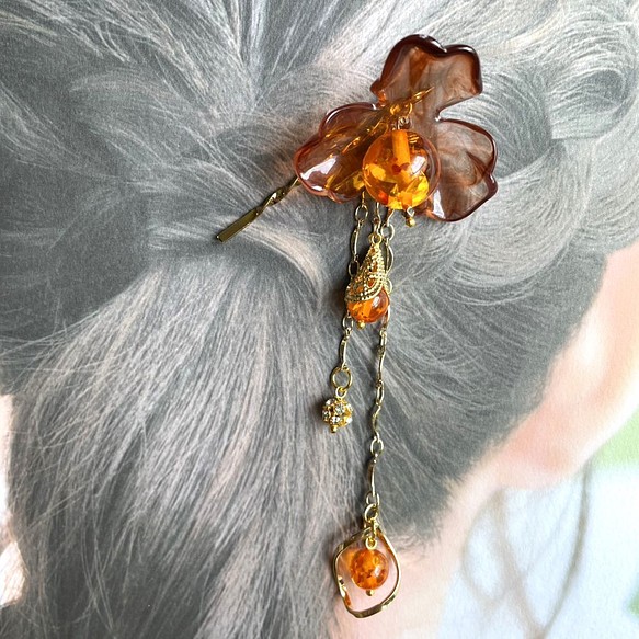CY【琥珀ヘアピン】 髪飾り ヘアアクセサリー 簪 かんざし ヘアピン