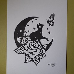 切り絵アート　花月と猫と蝶 1枚目の画像