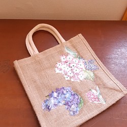 春　紫陽花　バッグ　ジュート 1枚目の画像