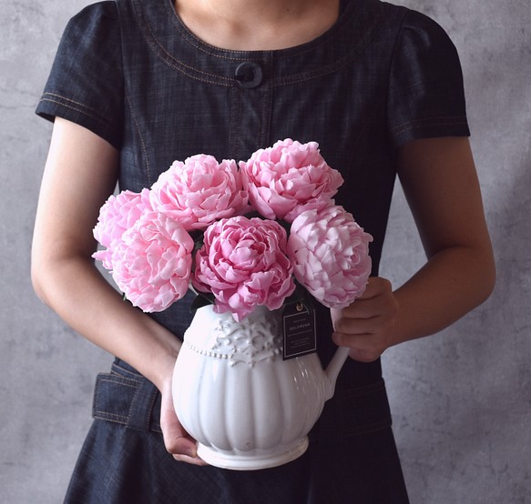 ◆粘土のお花◆ 芍薬（シャクヤク）　ピンク　 ピッチャーポット・・・S810 1枚目の画像
