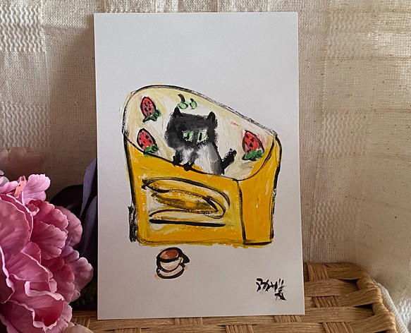 絵画。原画手描き【楽しくてかわいい猫トースト】05 絵画 アカザ麦