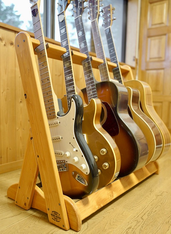 オーダー品】手作り木工 木製ギタースタンド （欅） ５本掛け 楽器