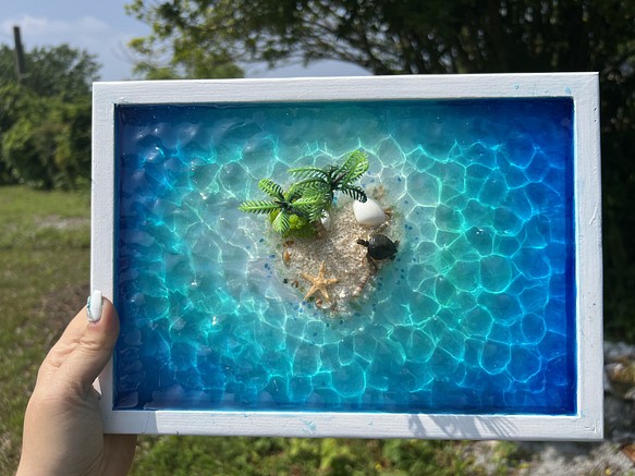 新作　アートパネル　ハートアイランド　エメラルドグリーン　オーシャン　西海岸　ホヌ　ヤシの木　ハワイ　珊瑚 1枚目の画像