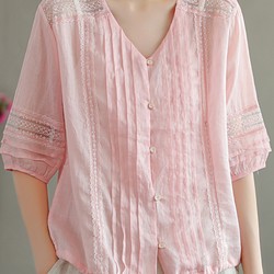 4色 リネンシャツ.五分袖の上着 レディース　麻ブラウス.　 春.夏 フリーサイズ　ゆったり　ピンク 1枚目の画像