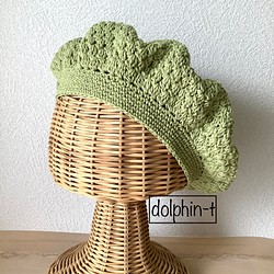 コットンのベレー帽　手編み　グリーン系 1枚目の画像