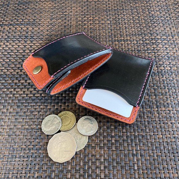 [Ⅱ・黑色/紅棕色・引擎麻絲]卡片和零錢包Ⅱ CC-07 硬幣卡片夾鞣製皮革零錢包 第1張的照片