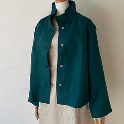 ポーリッシュリネン スタンドカラー ジャケット 長袖 深緑 ディープグリーン 無地 1枚目の画像