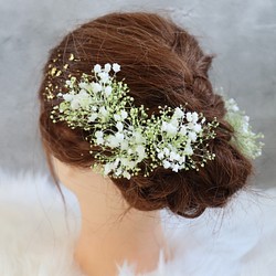 本物花 コロンと可愛いホワイト&グリーンのかすみ草 2種 髪飾り 成人式 1枚目の画像
