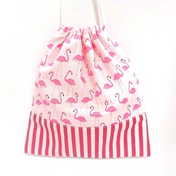 【中size　縦 24cm 横 21cm】フラミンゴ柄  巾着袋  給食袋  コップ袋  ピンク 1枚目の画像