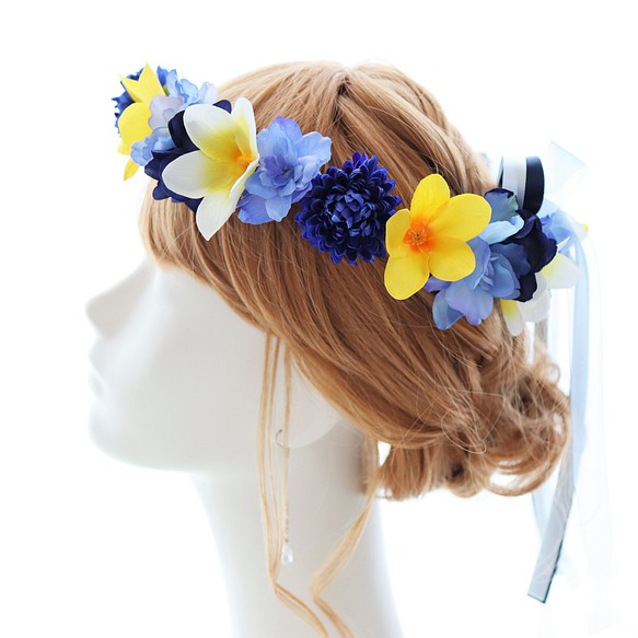 花冠　花かんむり　プルメリア　青　ブルー　サムシングブルー　結婚式　ブライダル　ウェディング　髪飾り　ヘッドドレス