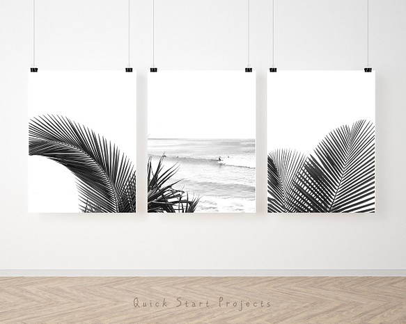 時尚藝術 3 件套衝浪海灘棕櫚避暑勝地黑白超值現代 A3 尺寸鯛魚酷 第1張的照片